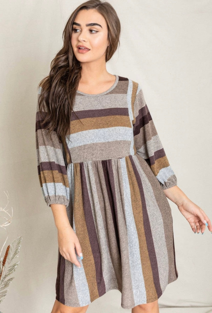 Brown Mocha Plus Mix Stripe Balloon Sleeve Midi Dress