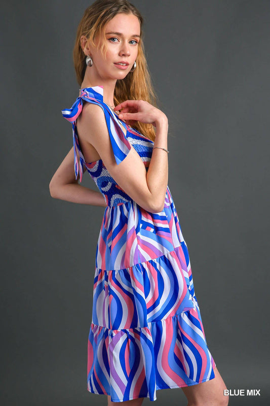 Blue Mix Smocked Abstract Swirl Print Dress