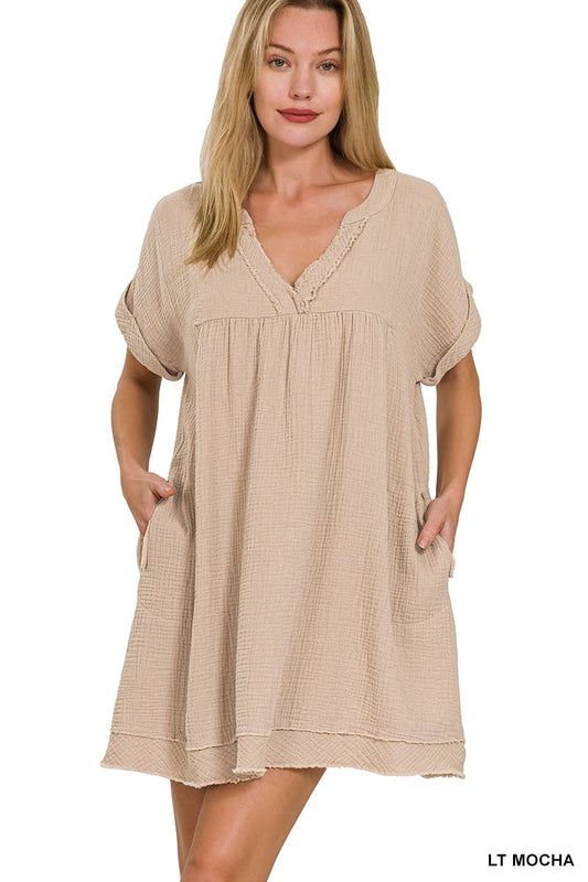 Light Mocha Rolled Short Sleeve Raw Edge V-Neck Dress