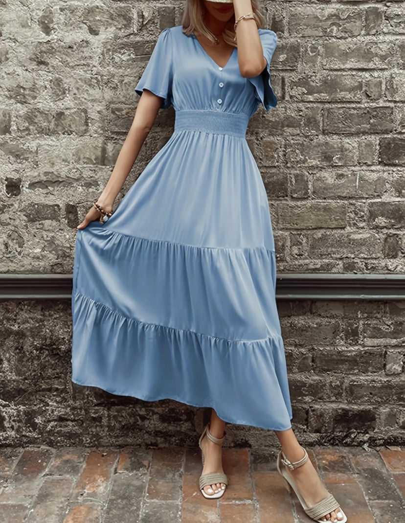 Blue Smocked Waist Tier Ruffle Maxi Dress