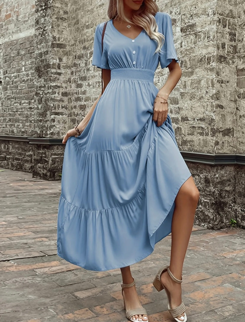 Blue Smocked Waist Tier Ruffle Maxi Dress