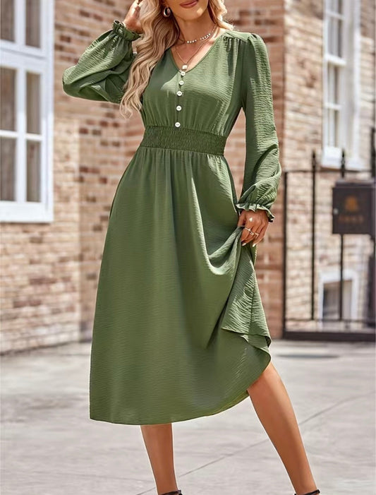 Army Green Smocked Waist V Neck Balloon Sleeve Midi Dress