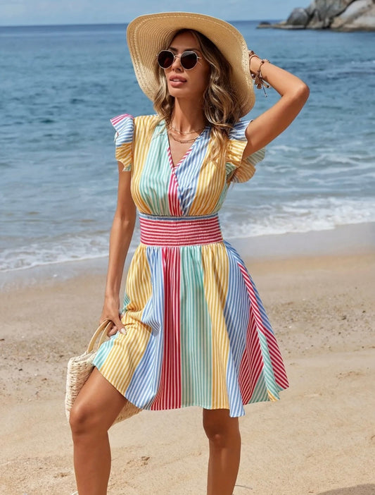 Multi Colored Striped V Neck Flutter Sleeve Dress