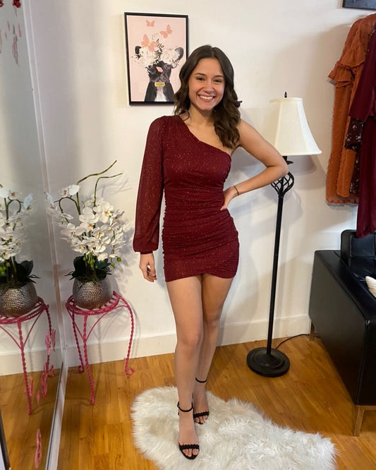 Burgundy One Shoulder Glitter Mini Bodycon Dress