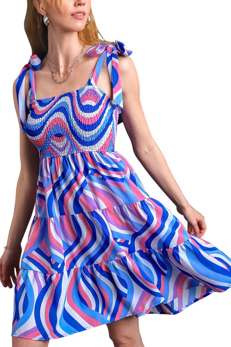 Blue Mix Smocked Abstract Swirl Print Dress