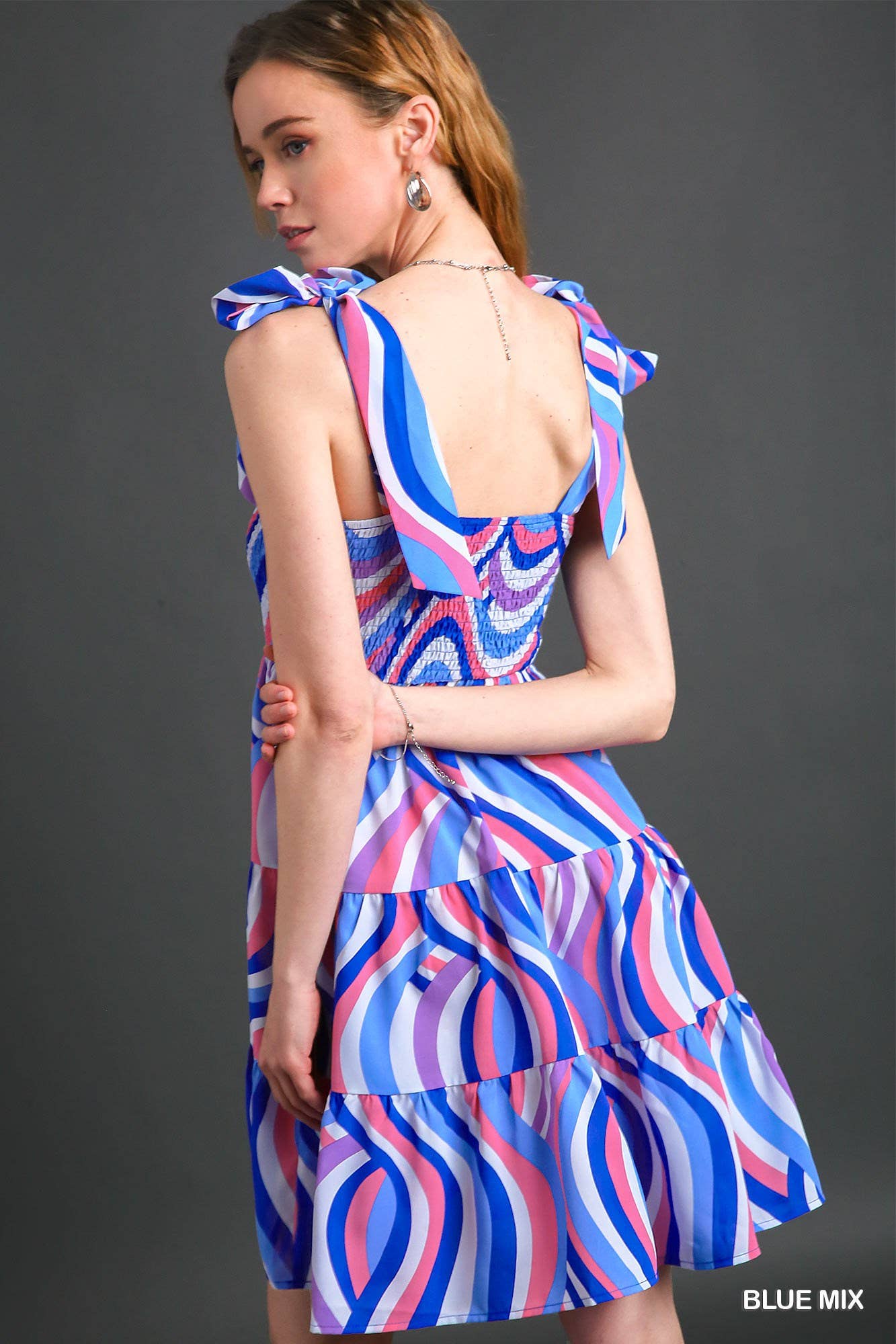 Blue Mix Smocked Abstract Swirl Print Dress