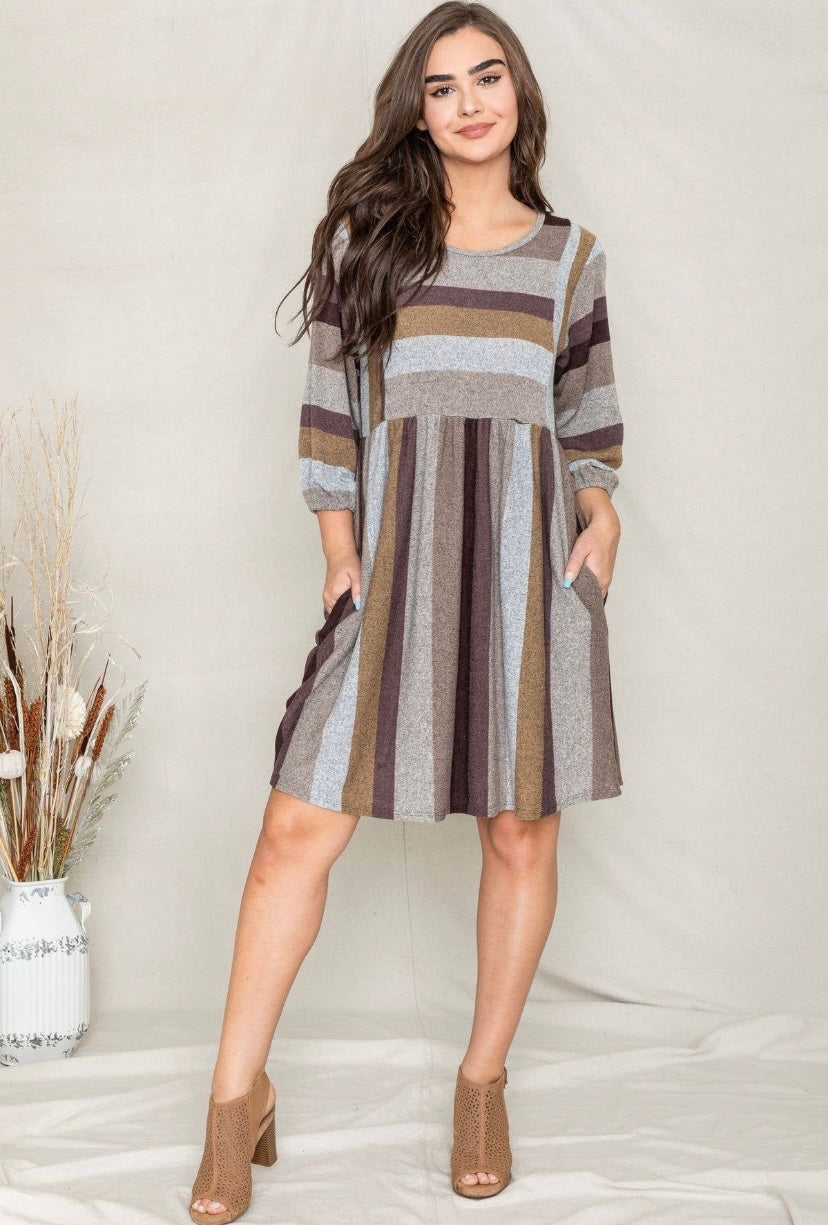 Brown Mocha Plus Mix Stripe Balloon Sleeve Midi Dress