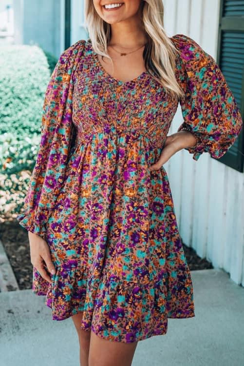Purple Floral Smocked Balloon Sleeve Dress