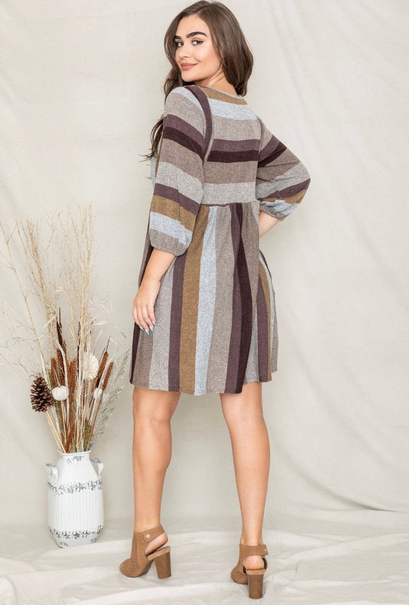 Brown Mocha Plus Mix Stripe Balloon Sleeve Midi Dress